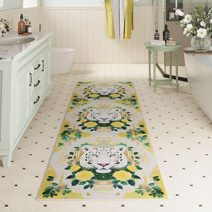 Runner Rug for Kitchen Rug Non Slip 2'6"x8' Washable Rugs with Rubber Backing Soft Retro Lavish Leopard Floral Animal Carpet Runner for Kitchen, Laundry, Bedroom, Bathroom