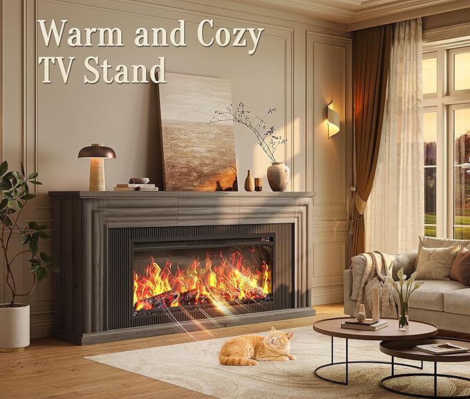 PRAISUN 70'' Fireplace TV Stand with 42'' Electric Fireplace, Farmhouse TV Stand for 65 75 Inch TV, Entertainment Center TV Console with 3 Drawers, Fluted Design, for Living Room, Gray Oak