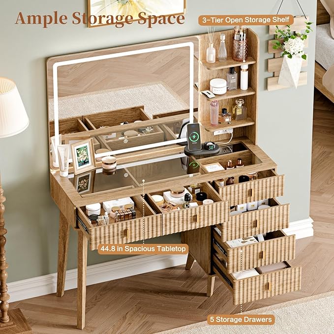 Large Makeup Vanity Desk with Mirror and Lights, Vanity Desk with 6 Drawers & Storage Shelves, Vanity Table with Power Outlet, 3 Color Modes & Adjustable Brightness Dressing Table, Bedroom,Oak