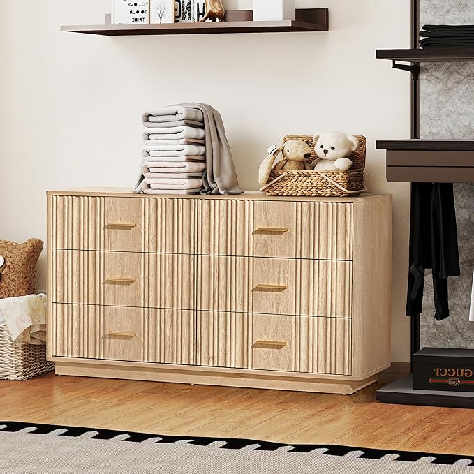 Fluted Double Dresser for Bedroom with 6 Drawers,47" Wide Modern Chest of Drawers,Curved Profile Wood Storage Dressers TV Stand,Wooden Closet Clothes Storage Organizer for Living Room Hallway, Natural