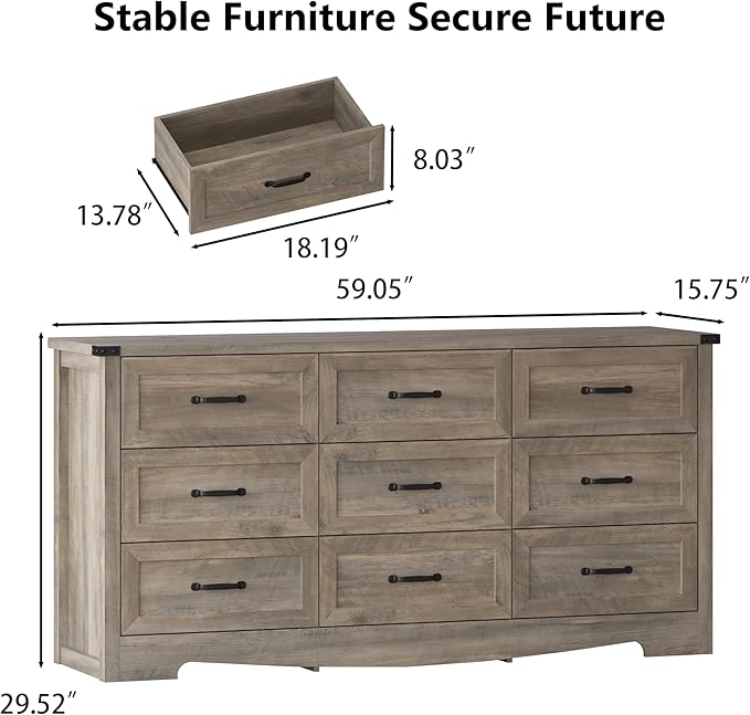 Dresser for Bedroom, 59'' Wide Chest of Drawers with Natural Wood Texture, 9 Drawer Dresser for Closet with Metal Handles, Sleek Storage Solution for Living Room, Office, Hallway, Grey