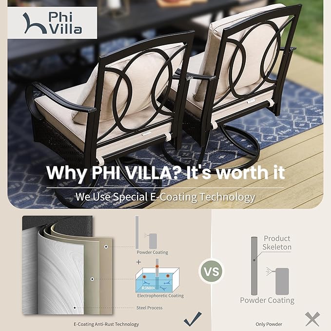 PHI VILLA 9-Piece Outdoor Dining Sets, 60x60 All-Weather Patio Table and Chairs Set for 8, Heavy Duty Patio Table Set Square for Deck, 8 Extra Large Outdoor Swivel Chairs with Thick Cushions