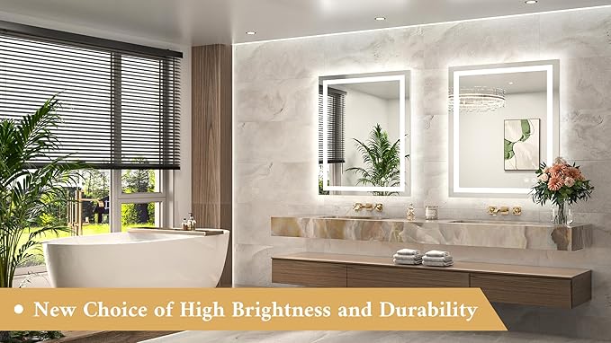 TETOTE LED Bathroom Mirror 30 x 36 Front and Backlit Lighted Bathroom Vanity Mirror with Brighter Lights 3-Color Dimmable Led Anti Fog Light up Mirror, Waterproof, Shatterproof Tempered Glass