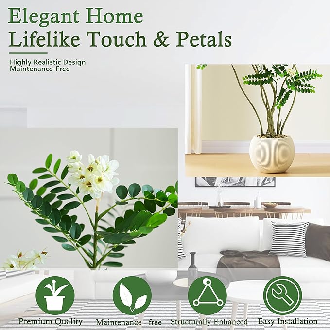 Artificial Locust Tree：6FT Faux Black Locust Floor Plant with White Flowers Small Round Silk Leaves & Elegant Branches in Beige Ribbed Planter for Indoor Home Office Decor Hotel Patio Studio