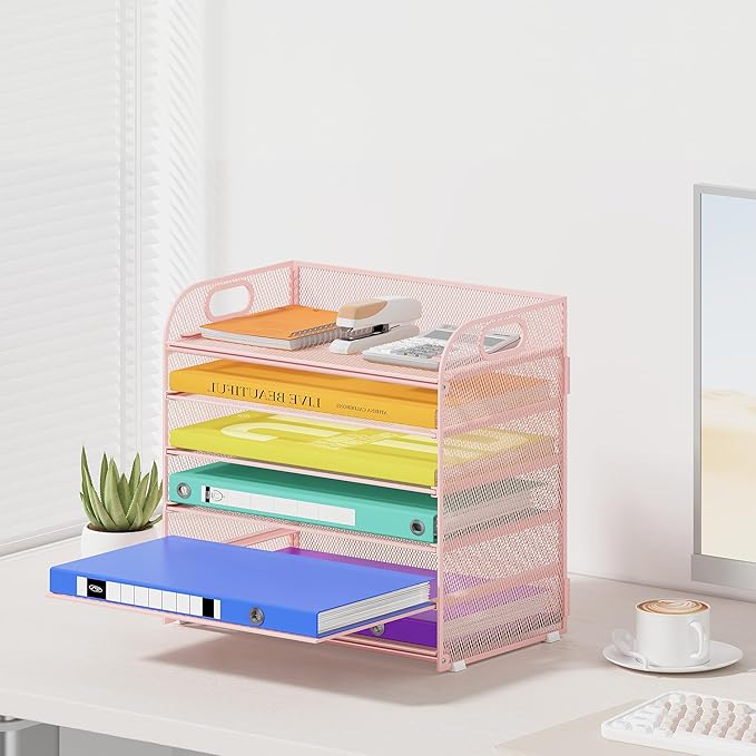 6 Tier Paper Organizer with Handle, Metal Desk Organizer Mesh Paper Letter Tray Desktop File Folder Document Sorter for Classroom, School, Office Accessories Organization and Storage - Pink