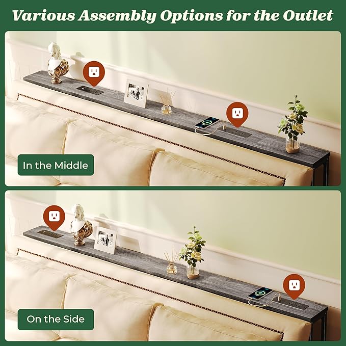 SUPERJARE 5.9 Inch Console Table with Outlet, Sofa Table, Behind Couch Table, 5.9 x 39.4 x 29.1 Inches, Metal Frame, Charging Station, Charcoal Grey