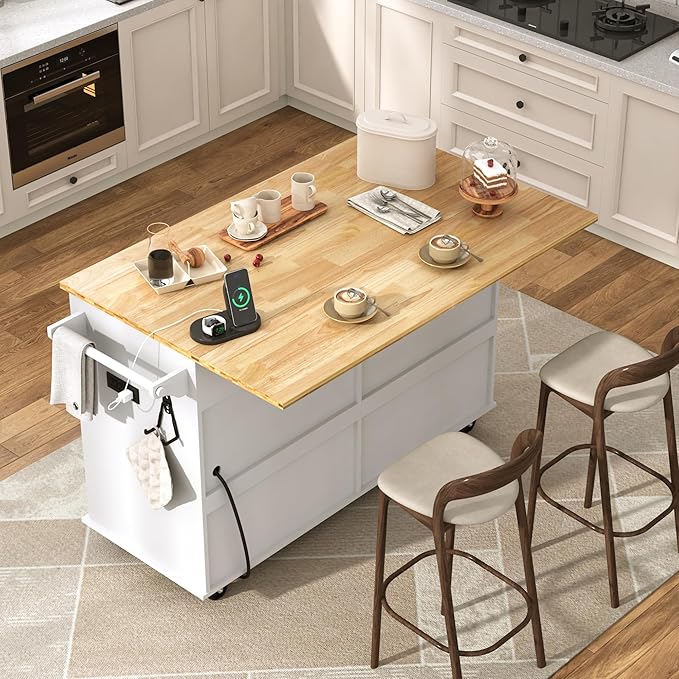 59" W Rolling Kitchen Island with Drop Leaf – Movable Kitchen Carts on Wheels Island with Storage Cabinet, Island Table for Kitchen with Rubber Wood Top and Rack and Drawers, Matte, White