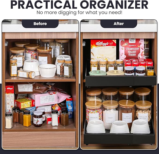 Pull Out Cabinet Organizer – Adjustable Sliding Shelf Inserts for Cabinets - Expandable Shelf Organizer from 12.6" to 20.5" – No Drill or Screw Install (Black, 1 Pack)
