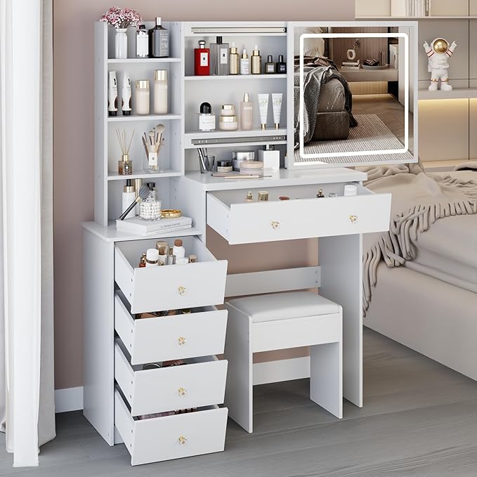 37" Vanity Desk with Mirror and Lights, Makeup Table with Led Lights and Sliding Mirror, 3 Lighting Colors, Vanity Set with Drawers and Stool for Bedroom, White