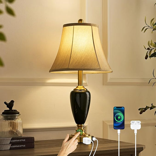 24" Ceramic Table Lamp with 3 Way Dimmable Touch Lamps - 2 USB Ports & AC Outlet Bedside Lamps, Modern Nightstand Lamp for Bedroom Living Room Office (Bulb Included)