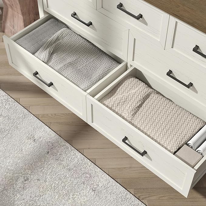 Farmhouse 7 Drawers Dresser for Bedroom, Modern Dresser with Metal Handle, Natural Texture, Wood Rustic Chest of Drawers for Bedroom,Living Room,Hallway and Entryway, Antique White