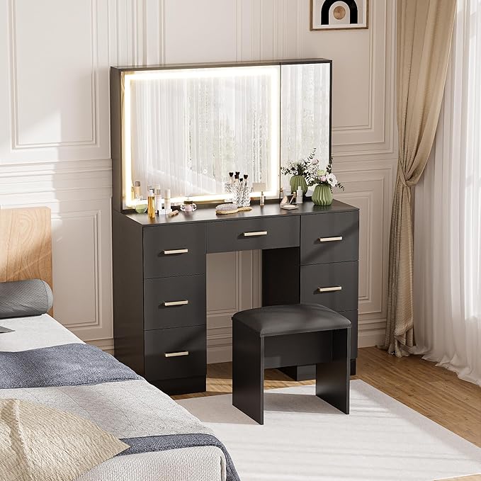 Black Vanity Desk with Mirror and Lights, Makeup Table with 44.8" Oversized Vanity Mirror Dressing Table Set with Stool, 7 Drawers and Storage Cabinet for Bedroom Dressing Room