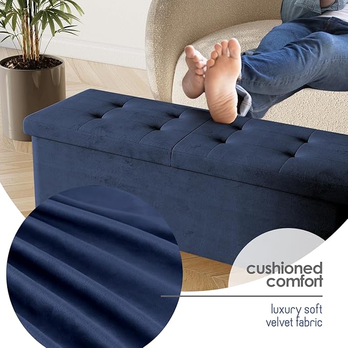 STORAGEBUD Storage Ottoman Bench with Bins, 43-in Storage Bench for Bedroom End of Bed, Folding Foot Rest Ottoman for Living Room Max 660lbs, Velvet Ottomans, Blue