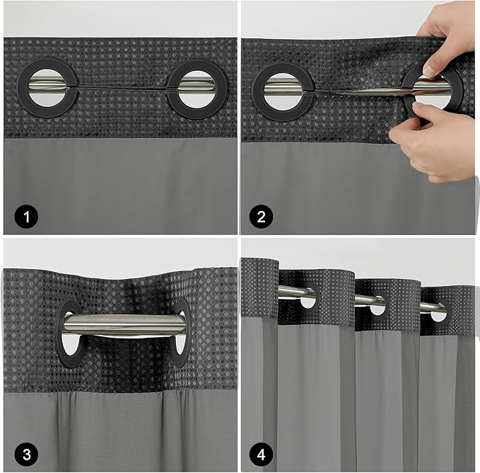 Colorful Star No Hook Shower Curtain with Snap in Fabric Liner, Waffle Weave Heavy Duty Thick Shower Curtains with Mesh Top Window, Hotel Style Waterproof Bathroom Curtain Set, 72 x 81 Inch, Black