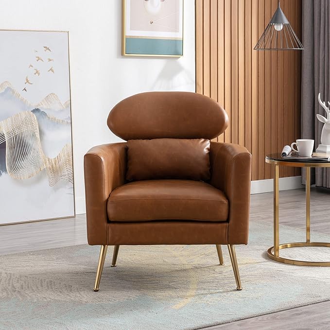 Accent Chair Set of 2 Upholstered Barrel Arm Chair for Living Room Bedroom Reception Room Office, Modern Soft Padded Single Sofa Chair with Golden Legs & Lumbar Pillow, PU Brown