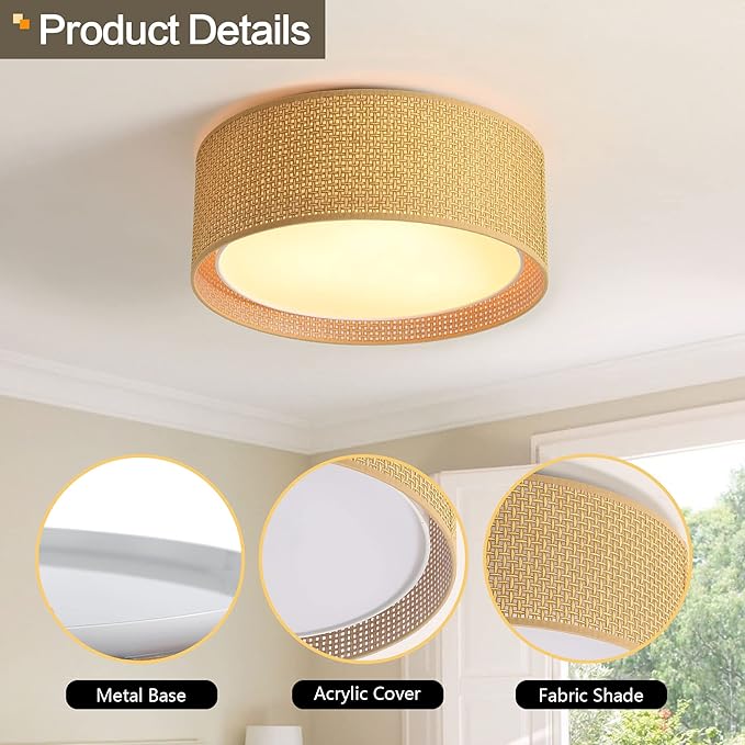 WINGBO 15.7" Modern 3-Light Flush Mount Ceiling Light Fixture with Fabric & Acrylic Double Drum Shade for Bedroom Living Room Dining Room Hallway Entryway, Brown