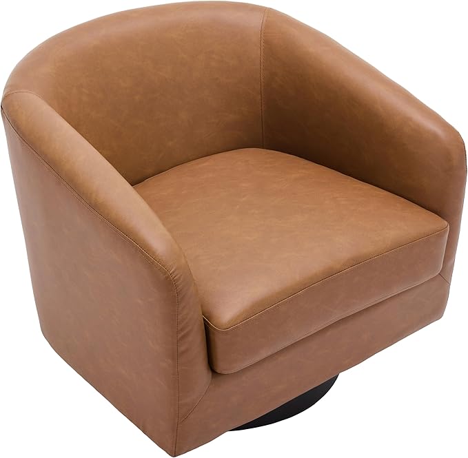 UIXE 360° Swivel Barrel Accent Chair Armchair, PU Leather Round Club Arm Chair for Lving Room, Modern Upholstered Small Bedroom Single Sofa Seat - Brown, Set of 1