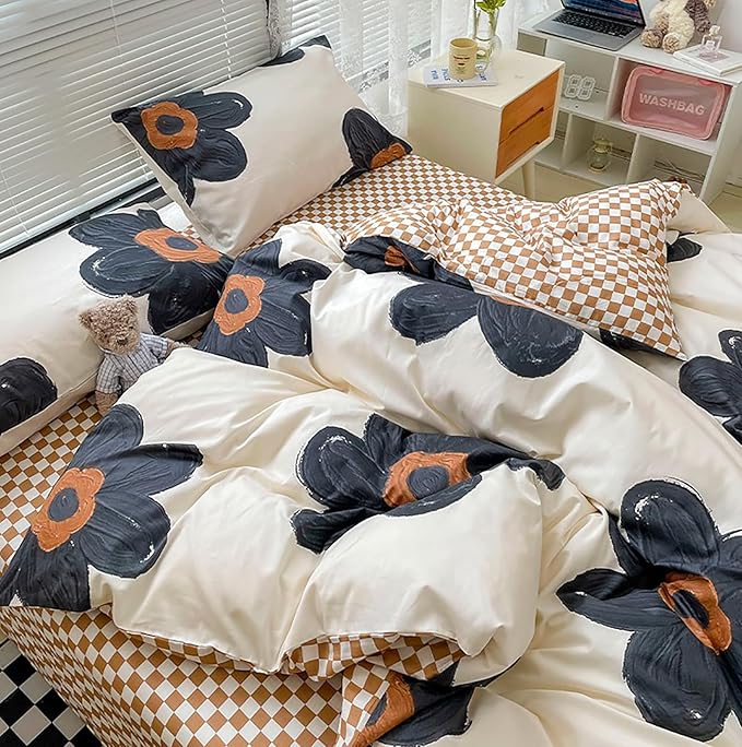 Cottonight Black Sunflower Comforter Set Full Black Beige Floral Bedding Comforter Set Full Big Flowers Cute Quilts Botanical Black White Blankets Elegant Bedding Set for Women Girls Female Teens