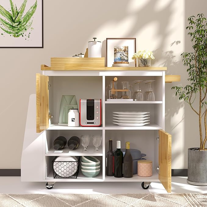 NSdirect Kitchen Island with Storage,Rolling Kitchen Island on Wheels Portable cart Rolling with Spice Racks Towel Holder Utility Trolley with Wood Tray for Home Hotel Kitchen Dinning Room,White