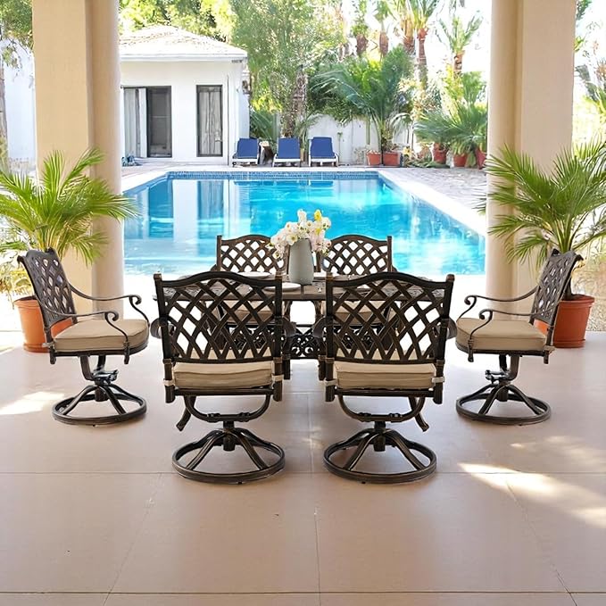 7 Piece Outdoor Dining Set Cast Aluminum Retro Patio Dining Set for 6 Includes 59” Rectangular Table 6 Swivel Chairs with Thicker Cushions and Umbrella Hole for Patio Deck Garden