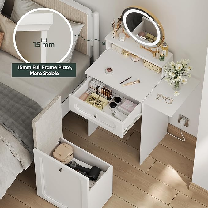 3 in 1 Small Vanity, Makeup Vanity Desk with Rotatable Mirror and Lights, White Make Up Vanity Table with 3 Adjustable Lighted and Chair for Compact Space, Corner Mini Makeup Table with Fold-up Panel