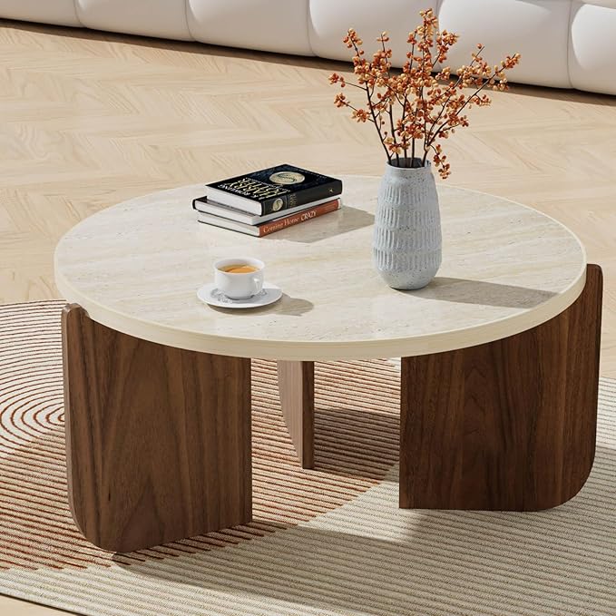 Round Travertine Texture Coffee Table, 28 inch Stone Coffee Table, Modern Design, Durable, Minimalist