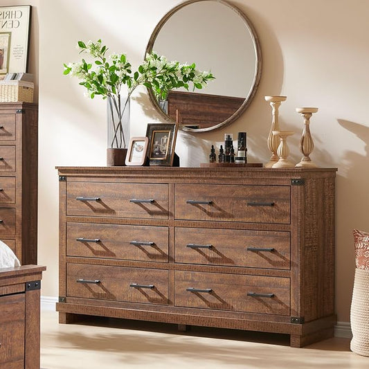 T4TREAM Farmhouse 6 Drawers Dresser for Bedroom, 54" Wide Wood Chest of Drawers w/Natural Texture & Metal Handle, Rustic Storage Dressers Organizer for Living Room, Hallway,Reclaimed Barnwood