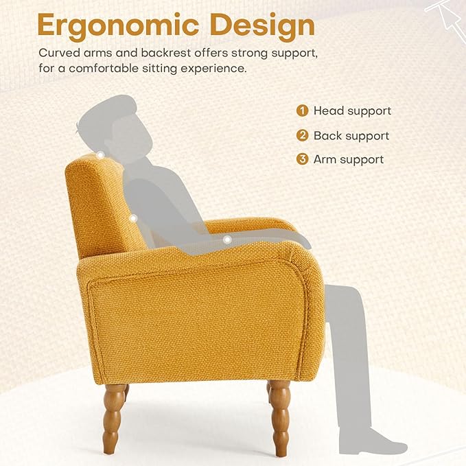 Chenille Fabric Accent Chairs Set of 2, Upholstered Armchair with Solid Wood Legs, Modern Living Room Accent Chair, Comfy Single Sofa Reading Club Chair for Bedroom Reception Lounge, Yellow