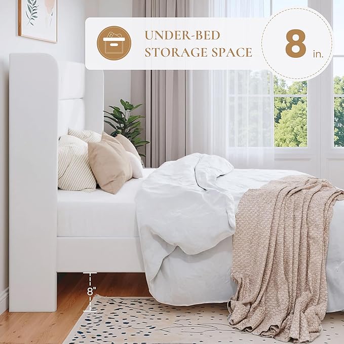 SHA CERLIN Full Size Velvet Bed Frame/Vertical Channel Tufted Wingback Headboard/Upholstered Platform Bed with Wooden Slats/Mattress Foundation/No Box Spring Needed/Easy Assembly/White