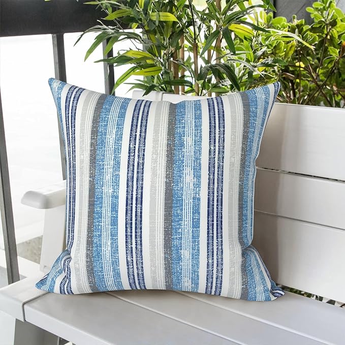 LVTXIII Outdoor Throw Pillow Covers 16 x 16 Inch, Covers ONLY Modern Cute Pattern Decorative Square Toss Pillow Case Pack of 2 for Home Patio Garden Sofa Bed Furniture, Stripe Layered Blue