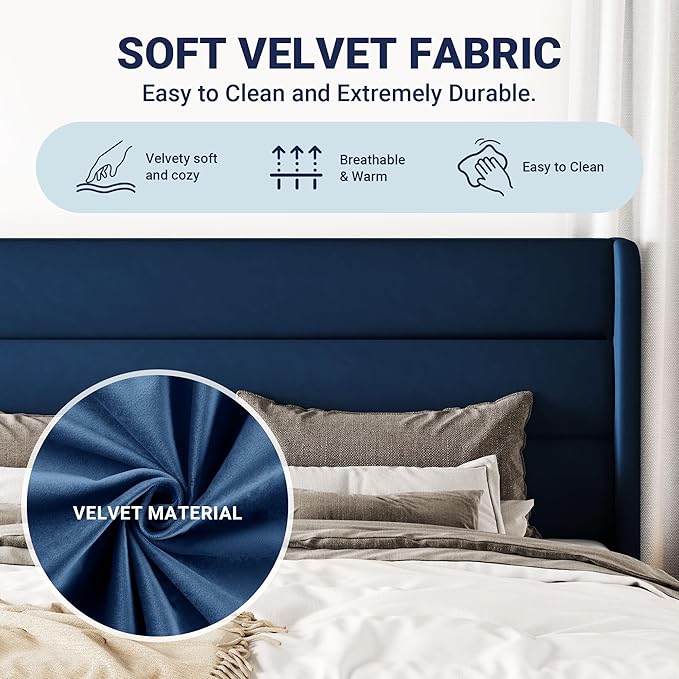 Allewie Queen Size Platform Bed Frame with Velvet Upholstered Wingback Headboard, No Box Spring Needed, Under Bed Storage Space, Wooden Slats, Modern Mattress Foundation, Easy Assembly, Blue