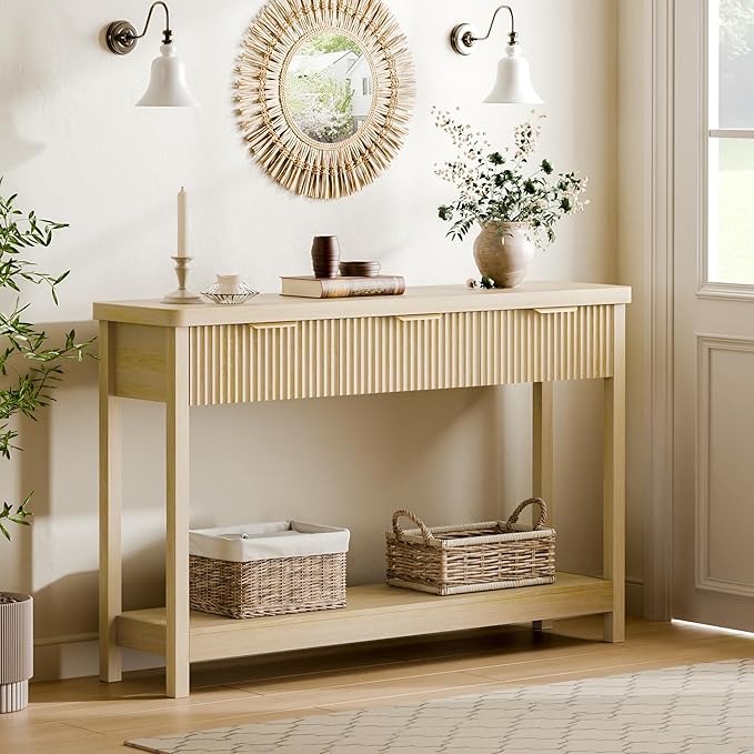 Lulive 51" Fluted Console Table for Entryway, Entryway Table with 3 Wooden Drawers, Farmhouse Behind Sofa Table for Living Room, Hallway, Couch, Foyer