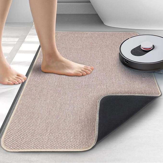 Upgraded Thin Bathroom Rugs, Bath Mat Super Absorbent, Bath Rugs Rubber Backing Non-Slip, Quick Dry Machine Washable, Cozy Cloth Bathroom Mat fit Under Door/Sink/ Bathtub/Shower/Kids 20''x24''-Biege