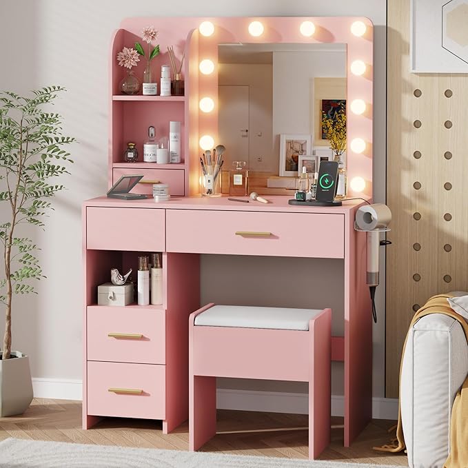 Vanity Desk with LED Lighted Mirror&Power Outlet, 3 Lighting Colors Makeup Vanity Desk with 5 Large Drawers and 3 Storage Shelves, Pink Vanity with Storage Stool for Bedroom