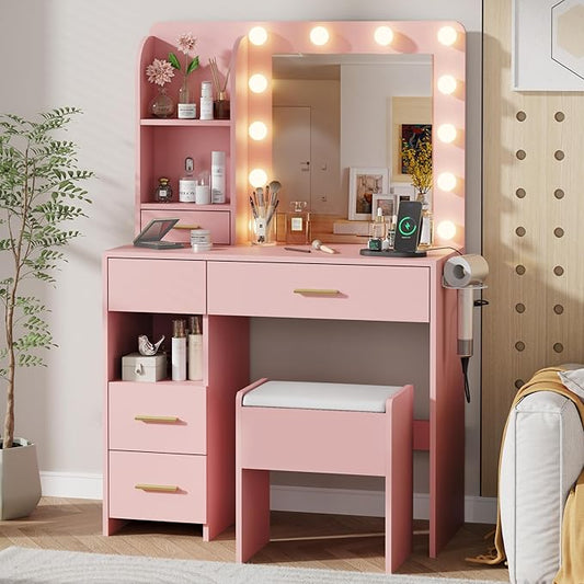 Vanity Desk with LED Lighted Mirror&Power Outlet, 3 Lighting Colors Makeup Vanity Desk with 5 Large Drawers and 3 Storage Shelves, Pink Vanity with Storage Stool for Bedroom