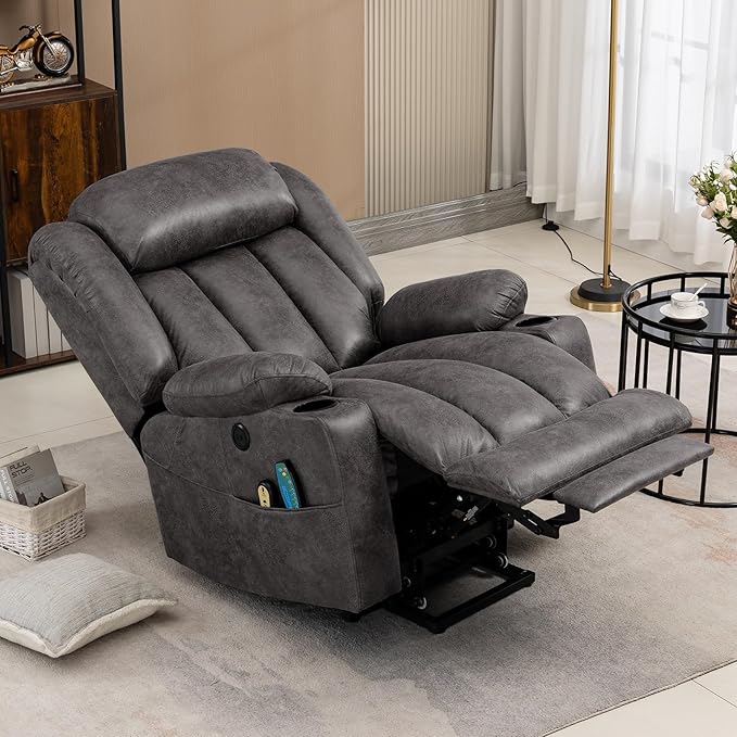 VIVIJASON Tall Man Large Power Lift Recliner Chair with Massage and Heat for Elderly, Overstuffed Wide Electric Lift Recliner with Extended Footrest, 2 Cup Holder, Side Pockets & USB Ports (Grey)