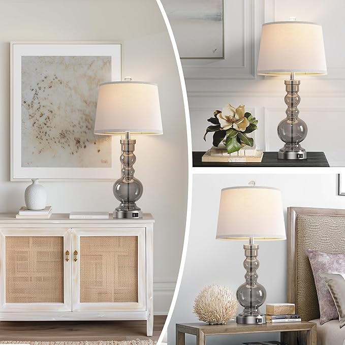 Hamucd 3-Way Dimmable Touch Control Clear Grey Glass Table Lamps Set of 2 with USB A+C for Modern Comtemporary Bedroom Nightstand Living Room Decor(Bulbs Included) (Grey)