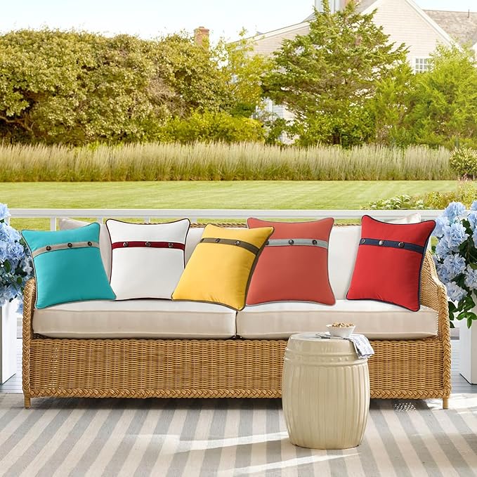 Outdoor Sunbrella Decorative Pillows with Triple Coconut Buttons Pack of 4, 16" x 16" Outdoor Pillow Set for Couch Bed Throw Patio Sofa, Spectrum Daffodil/Canvas Cocoa