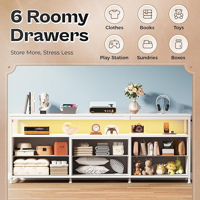 Huuger 63 Inch TV Stand for 55, 65, 70 Inch TV, Long Dresser TV Stand for Bedroom, White LED TV Stand with Power Outlets, Fabric Drawer Dresser with Storage, Entertainment Center for Living Room