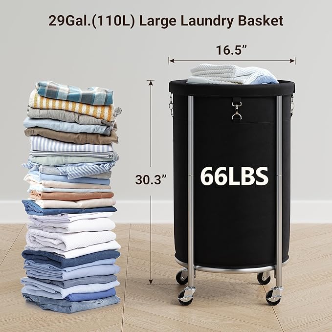 ELYKEN Laundry Hamper with Wheels, 110L Rolling Laundry Basket, Round Laundry Cart with Steel Frame and Removable Bag, 4 Casters and 2 Brakes, Dirty Clothes Hamper for Hotel, Home, Closet, Dorm, Black
