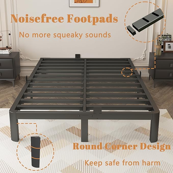 10 Inch Queen Bed Frame, Black Bed Frame Queen Size with Metal Baffles, No Box Spring Needed, Heavy Duty Steel Platform Support, Rounded Corner Design, Reserved Holes, Storage Space, Noise Free