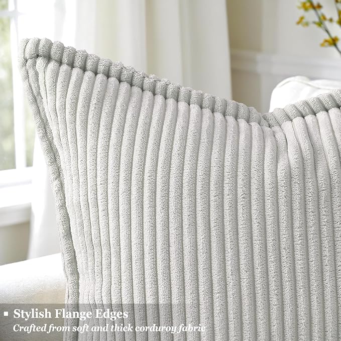 decorUhome Corduroy Grey Throw Pillow Covers 22x22 Set of 2 Decorative Soft Boho Striped Neutral Euro Farmhouse Couch Pillow Covers with Broadside for Living Room Bed Sofa