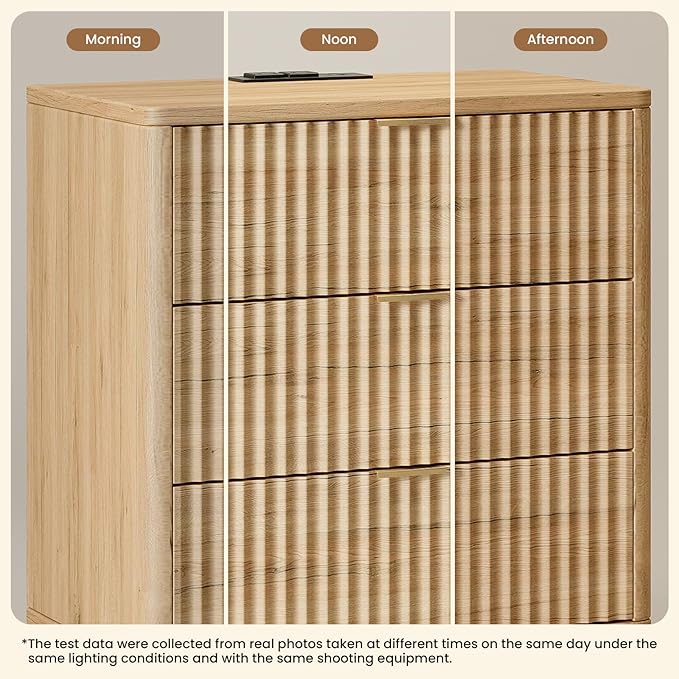 30" Tall Fluted NightStand Set of 2,Modern Side Table with Storage, 3 Drawers End Table with Charging Station,Night Stand Wood Bedside Tables for Bedroom,Curved Profile Design,Natural Oak