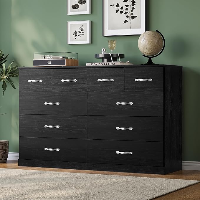 LINSY HOME 10 Drawer Dresser for Bedroom, 54" Wide Chest of Drawers, Modern TV Stand Dressers with Wood Frame and Metal Handles, Large Drawer Organizer for Bedroom, Living Room, Black