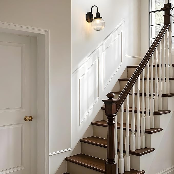 Industrial Vintage Gooseneck 1-Light Wall Sconce with 5.9" Round Ribbed Clear Glass Globe Lampshade Indoor Wall Mounted Lamp Fixture for Bedroom Living Room Bathroom Vanity