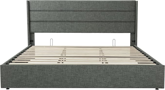 SHA CERLIN King Size Lift Up Storage Bed/Modern Wingback Headboard/Upholstered Platform Bed Frame/Hydraulic Storage/No Box Spring Needed/Wood Slats Support/Dark Grey