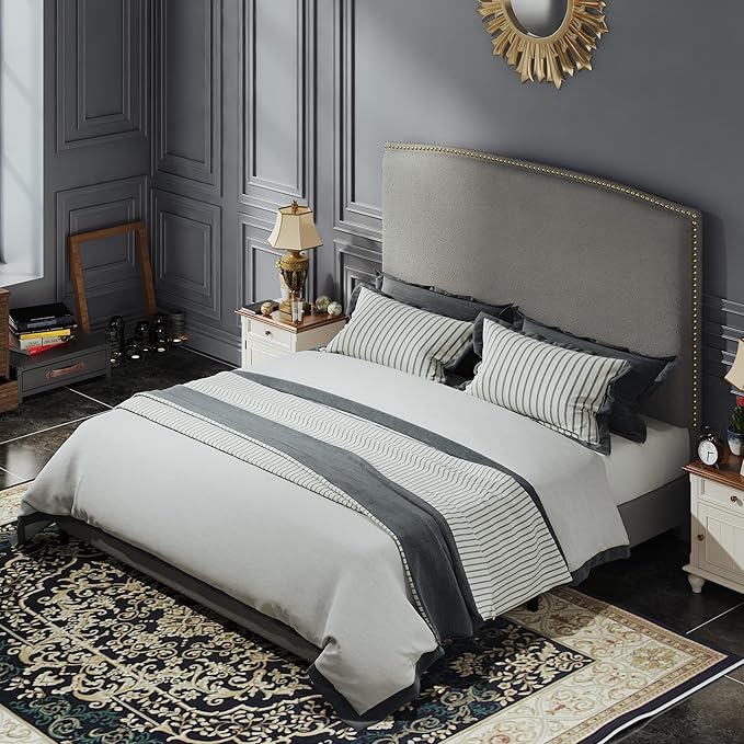 Full Size Bed Frame with Headboard, 56" Upholstered Platform Bed with Nailhead Trim, Soft Boucle Fabric, No Box Spring Needed, Easy Assembly, Grey