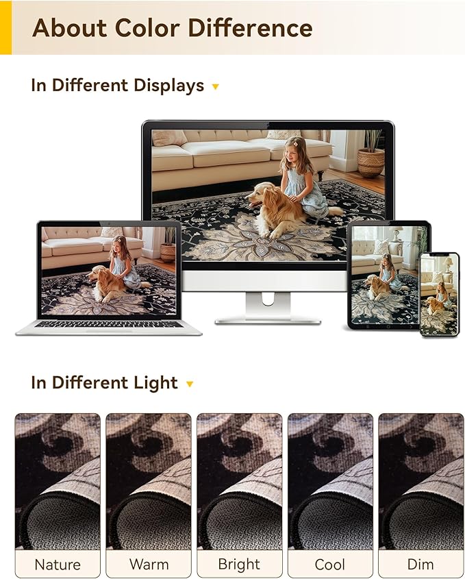 Area Rugs 4'x6' Washable Non-Slip, Floral Vintage Distress Print Pattern Medallion Carpet for Living Room Bedroom Dining Room, Black Brown Neutral Dark Tan