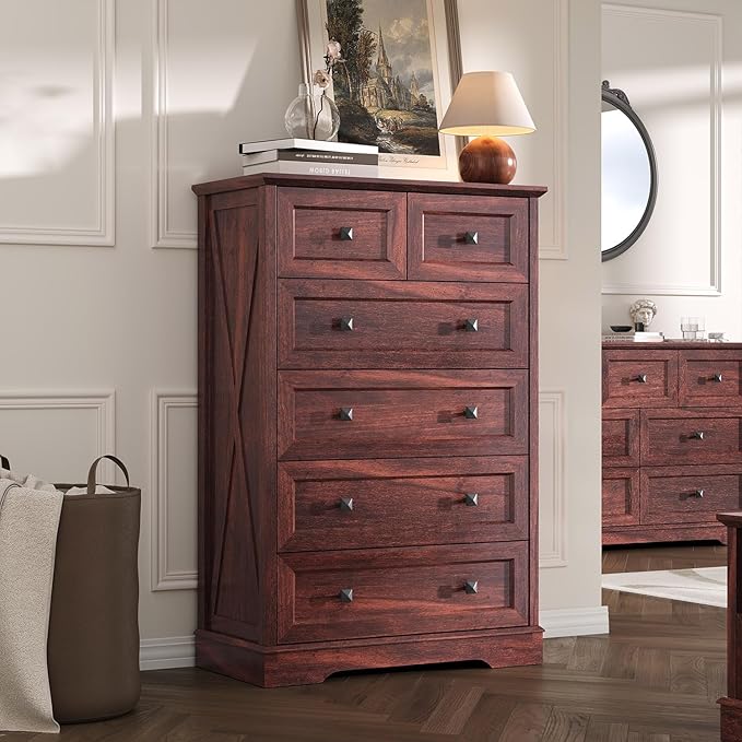 Farmhouse 6 Drawers Dresser Chests for Bedroom, Tall Rustic 6 Chest of Drawers, Wood Dressers Organizer for Closet, Modern Storage Organizer Cabinet for Living Room, Hallway, Entryway, Cherry Red
