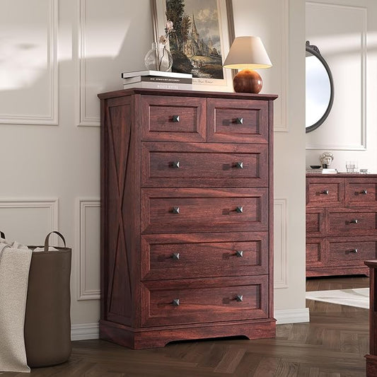 Farmhouse 6 Drawers Dresser Chests for Bedroom, Tall Rustic 6 Chest of Drawers, Wood Dressers Organizer for Closet, Modern Storage Organizer Cabinet for Living Room, Hallway, Entryway, Cherry Red
